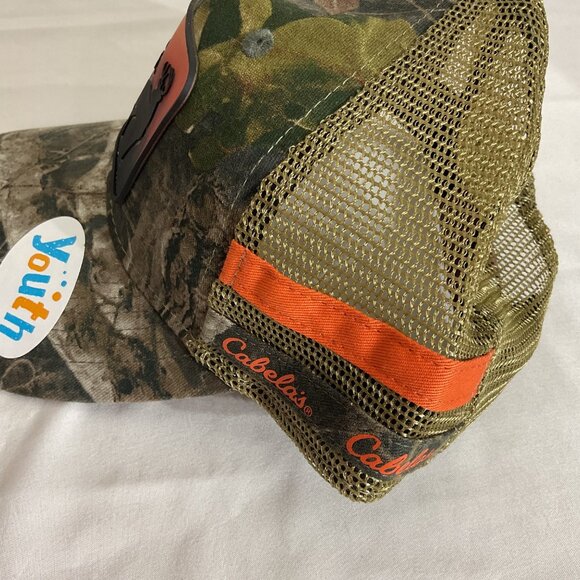 Cabelas Youth Camouflage & Orange Mesh Trucker Cap Adjustable Snapback - Picture 3 of 6